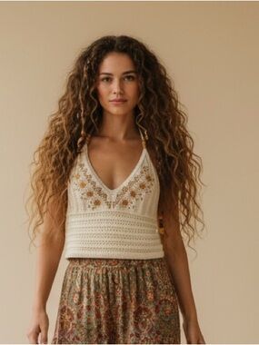 Boho Sun Embroidered Crochet Halter Crop Top XXL